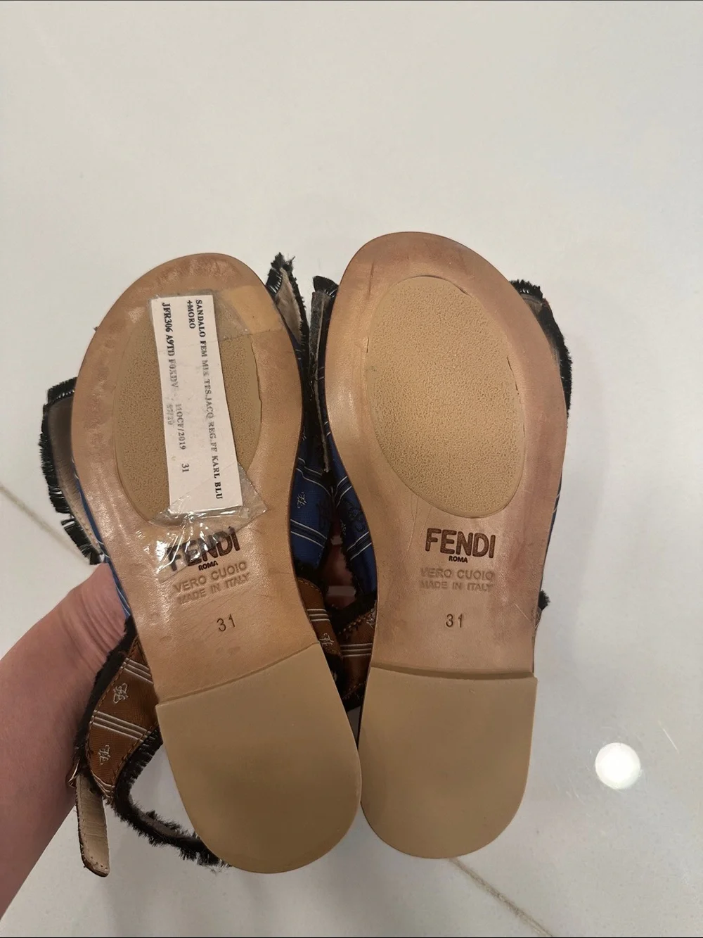 Fendi Blue and Brown Bow Strap Sandals for kids